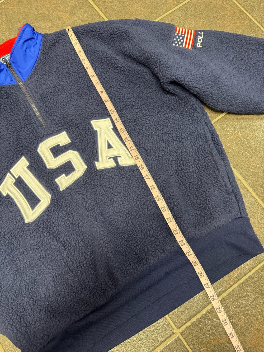 Polo Ralph Lauren Relaxed Fit Flag Fleece Pullover 1/4 Zip USA Blue Large Unisex - Picture 13 of 16